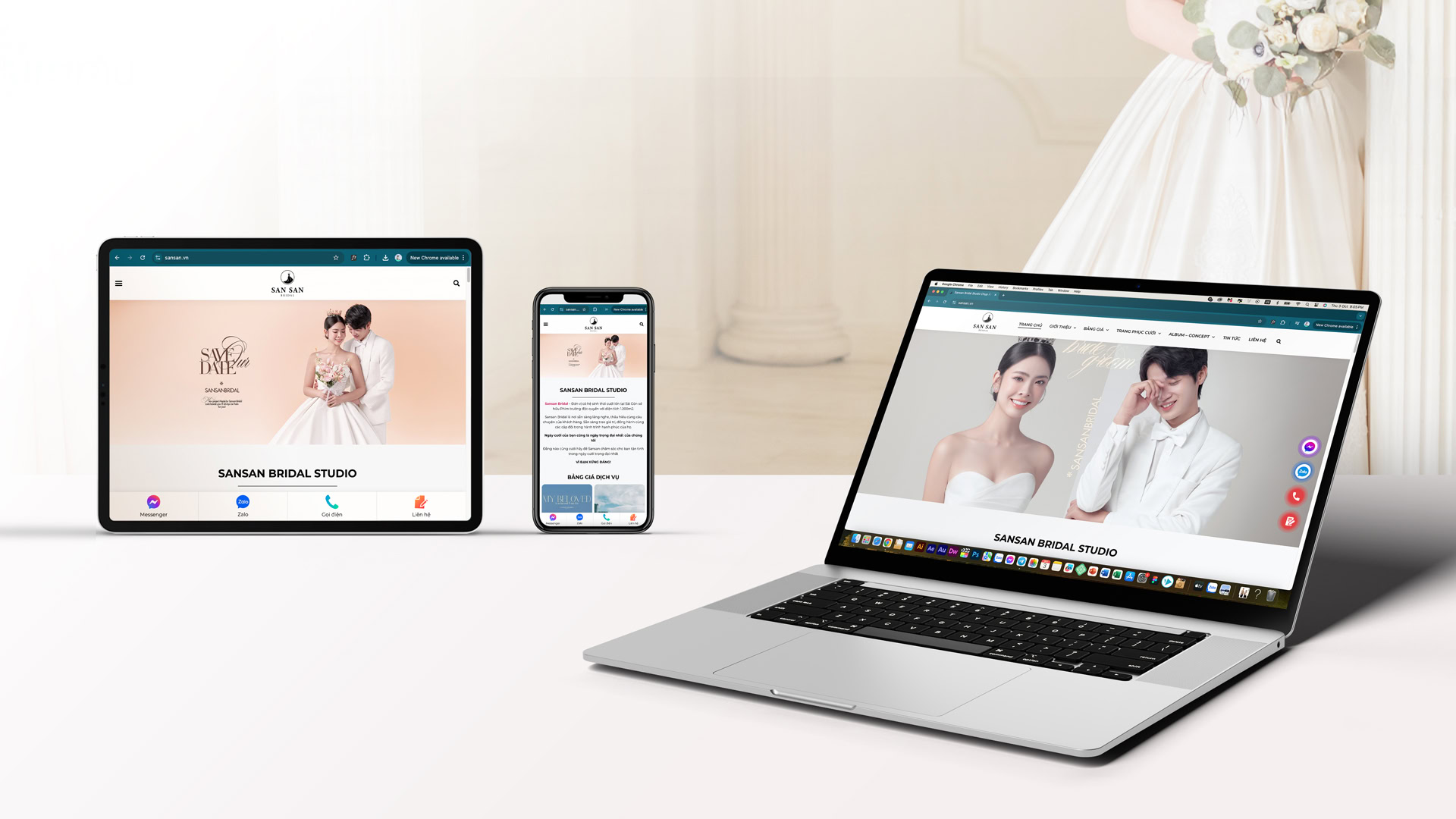 Sansan Bridal Studio giao diện website mockup máy tính