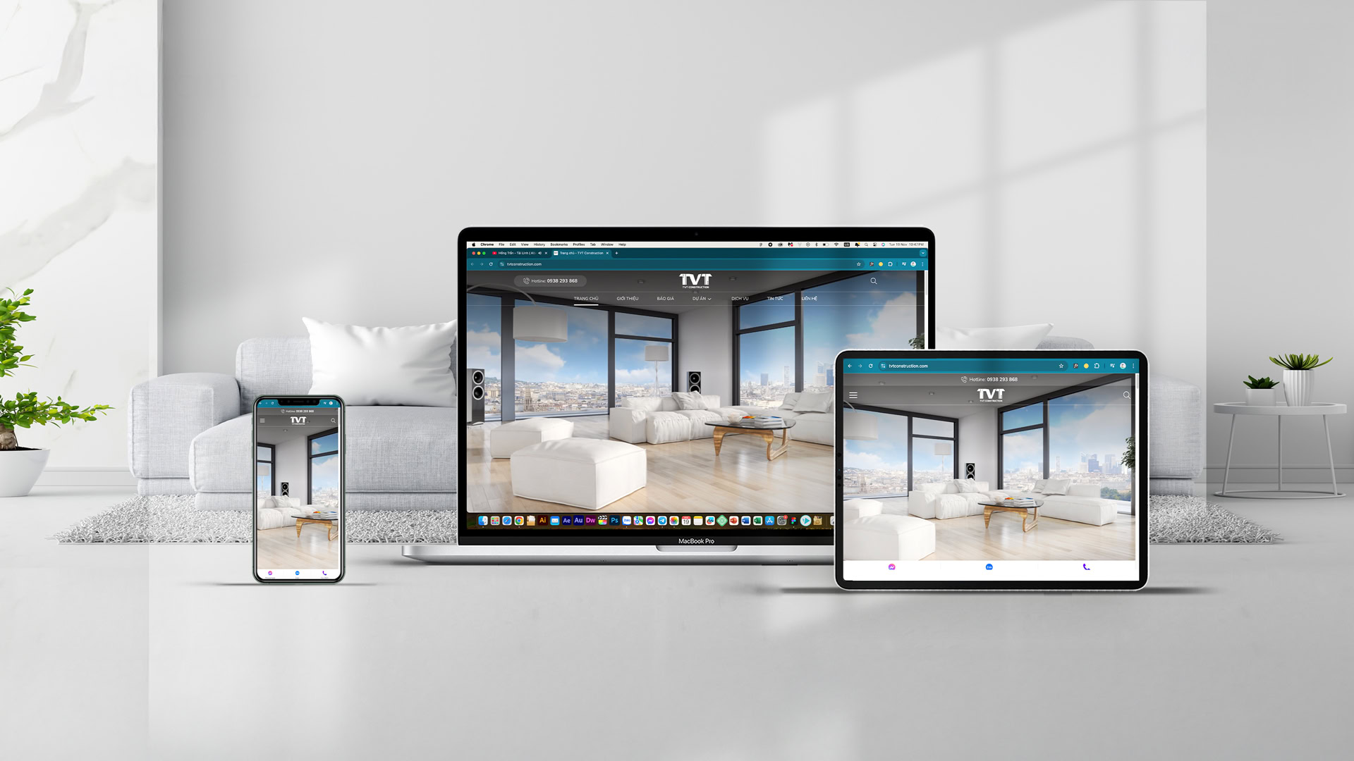 TVT Construction giao diện website mockup máy tính